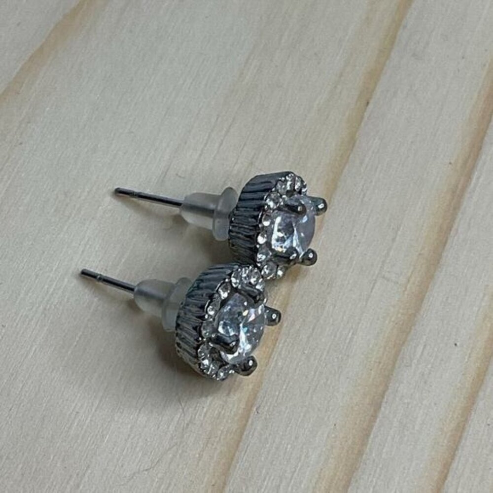 Round Stud Earrings With Sparkling Crystal & Rhinestone Halo